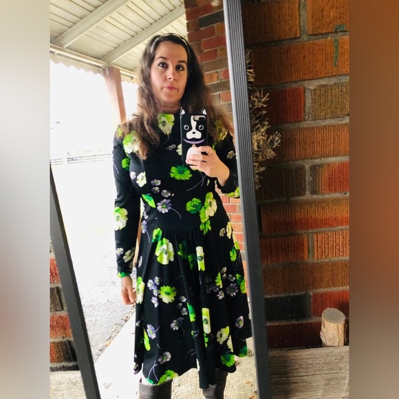 1970s Vintage Polyester floral midi Dress lime green,purple, black Retro Vtg 70s - Picture 5 of 9
